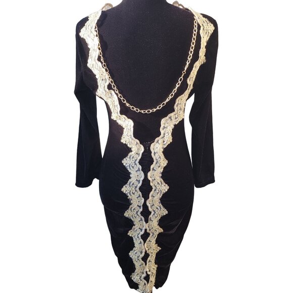 Wow Luxurious Embroidery Velvet Lace Gold Chain Party Prom Runway Designer Dress - Picture 5 of 16